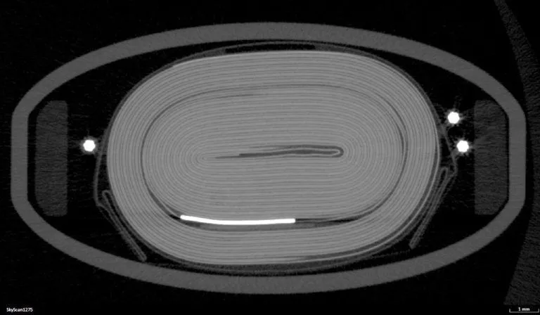 电池横截面X射线图像，各层结构清晰可分辨