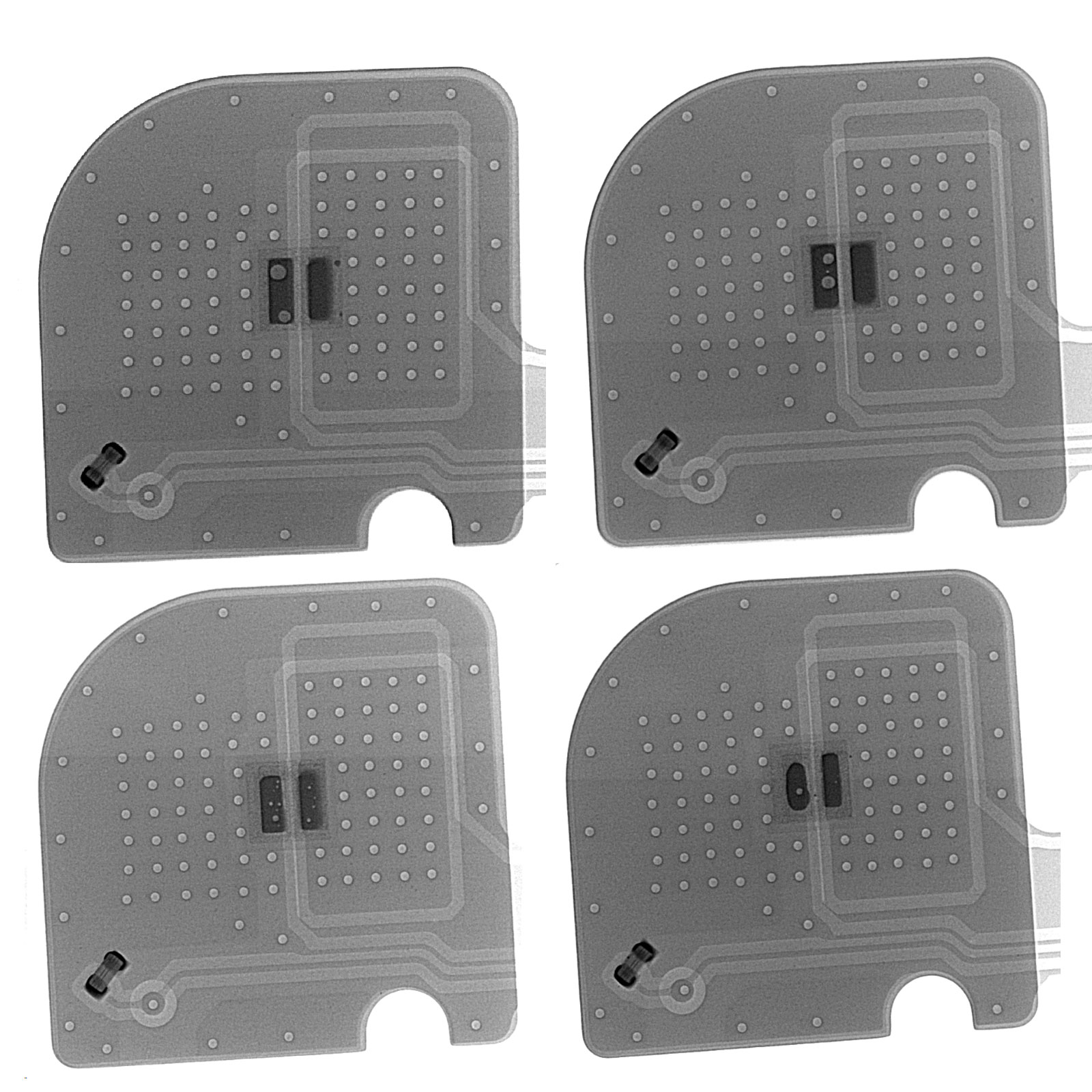 工业X-Ray检查机对LED灯珠焊接的检测对比：四个样品的X-Ray成像结果，展示合格焊点、虚焊、焊料过量和焊线断裂等典型缺陷特征